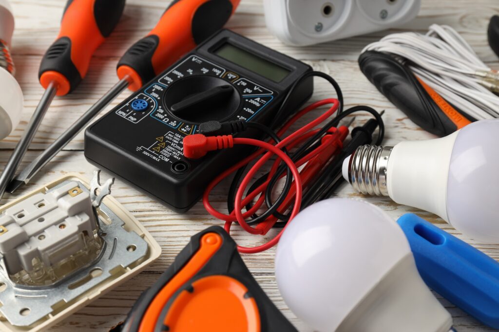 Concept of electrician or electrical tools, close up